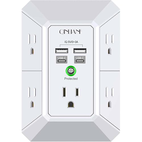 USB Wall Charger, Surge Protector, QINLIANF 5 Outlet Extender with 4 USB Charging Ports(2U2C) 3-Sided 1680J Power Strip Multi Plug Outlets Wall Adapter Spaced for Home Travel Office, White