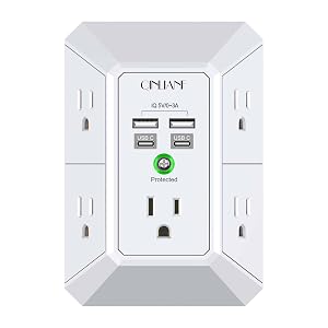 USB Wall Charger Surge Protector QINLIANF 5 Outlet Extender with 4 USB Charging Ports 2U2C 3-Sided 1680J Power