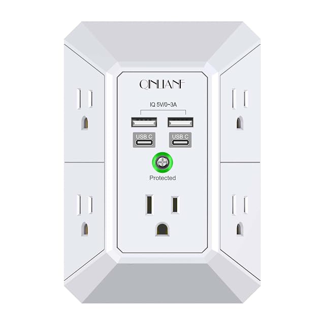 USB Wall Charger Surge Protector QINLIANF 5 Outlet Extender with 4 USB Charging Ports 2U2C 3-Sided 1680J Power