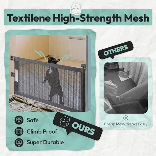 35 cm hohes Mesh-Hundegitter, Ausziehbar bis 150 cm, Bohrmontage, Kleines Hundegitter für Treppen, Leicht übersteigbares Welpengitter für Türen, Innen- und Außenbereich, Grau