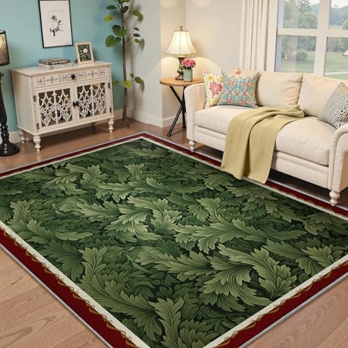 Tapis 200x300cm feuilles vintage lavable poil bas vert - 3