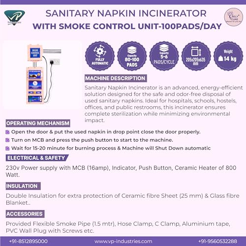 Image of BY VP Industries (Small-100 Pad Per Day) Sanitary Napkin Incinerator with Smoke Control Unit | Pad Destroyer with a burning capacity of 5 to 6 pads per cycle in a 15-minute duration.