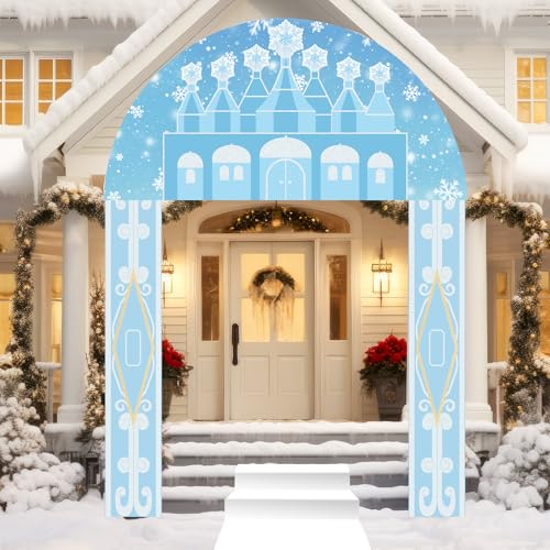 Image of Tingjoo 4 Pcs Winter Wonderland Door Cover Winter Castle Hanging Banner White Snowflake Runner Entryway Party Decorations Blue Wonderland Porch Sign Photo Backdrop for Holiday Classroom Party Supplies