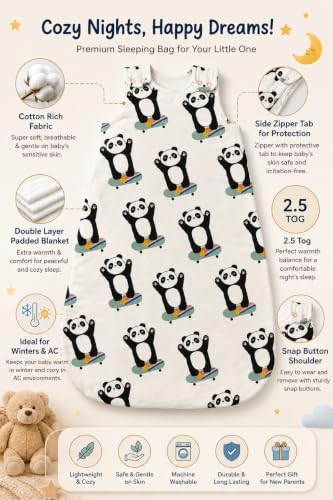 Image of TuddyBuddy Baby Cotton Wearable Quilted Sleeping Bag Blanket 1.5 Tog with 1 Way Zipper Closure | Ideal for Babies & Kids Hypoallergenic Fabrics | (Panda Hands in the Air AOP - Beige, 2-3 Years)