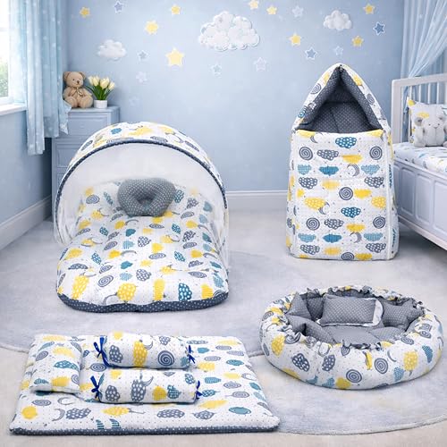 Image of Infantbond Baby Mattress with net | Baby Carry Bag | 4 Pcs Bedding Set | Baby Nest (0-6 Months) Grey Sprial (Full Set Nest)