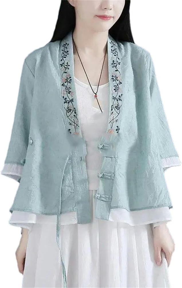 Chinese Tang Suit Retro Embroidered Knot Button Cotton Shirt Women 's Spring Chinese Loose V-Neck Top
