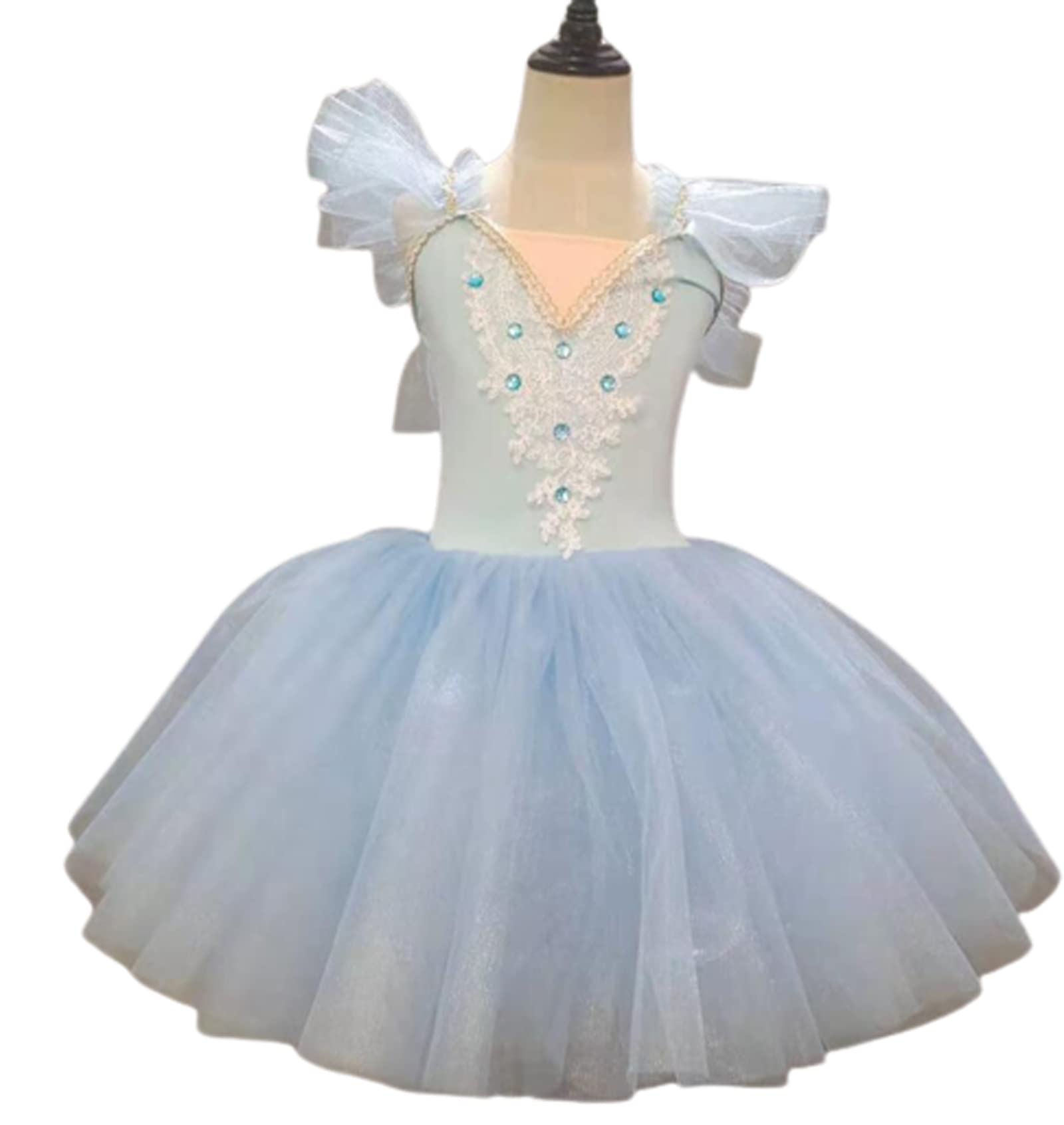 OTMYIGO Disfraz de Bailarina de Princesa para niñas, Vestido de Ballet tutú de Leotardo Largo sin Mangas para niñas, Disfraz de competición de Patinaje artístico para niñas,Light Blue,M