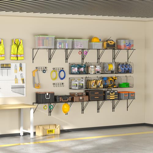 ThreeHio 2 Pack Garage Shelves Wall Mounted with Wire baskets, Heavy Duty Garage Wall Shelving with Hooks, Wire Shelf Baskets Tool Organizer for Home Garden Garage Organization and Storage by ThreeHio - Image 4