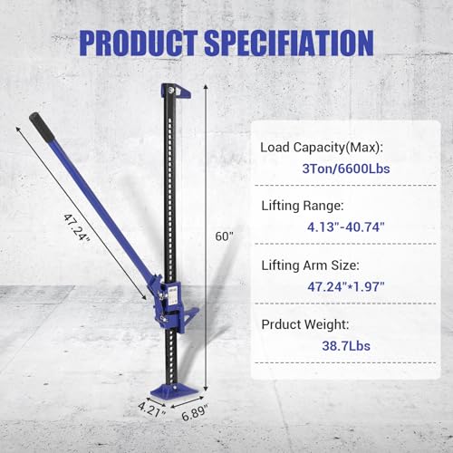 60" High Lift Farm Jack, 3 Ton Heavy Duty Utility High Lift Off-Road Jack, Ratcheting Bumper Lift Jack for Trucks, Tractors, SUVs, Jeeps, All-Terrain Vehicle Rescue & Farm Equipment Lifting, Blue by MilleLoom - Image 2