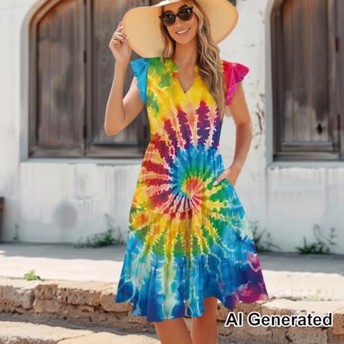 Image of Women's Casual Ruffle Sleeve Dress V Neck Pullover Dress Flowy A-Line Pleated Lightweight Dress with Pockets