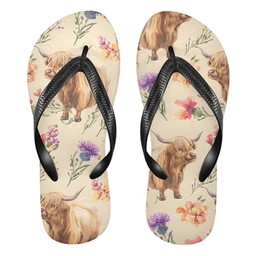 ALAZA Highland Cow Flowers Flip Flops for Women Fashion Beach Slippers Comfort Mens Flip Flops Non-Slip Rubber Shower Slippers Sandal for Hotel Travel Sport,XS