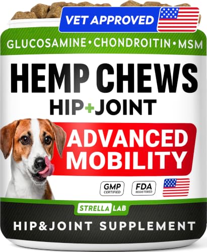 Hemp Chews for Dogs - Hip & Joint Supplement with Glucosamine - Joint Pain Relief Treats - Omega 3 Chondroitin MSM - Advanced Mobility Support - Chicken Flavor - 120 Ct - Made in USA