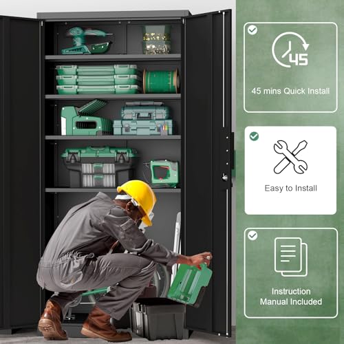 Image of Black Storage Cabinet, Metal Garage Storage Cabinets with Adjustable Shelves, 72.05 inch H Heavy Duty Tall Cabinet with Locking Doors, Steel Organizer for Basement, School