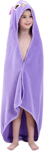 COOKY.D Baby Bath Towels with Hood Ultra Soft Cotton Hooded Bath Robe for Baby Boys Girls, 90x90cm(0-6 Years Old), Purple Owl