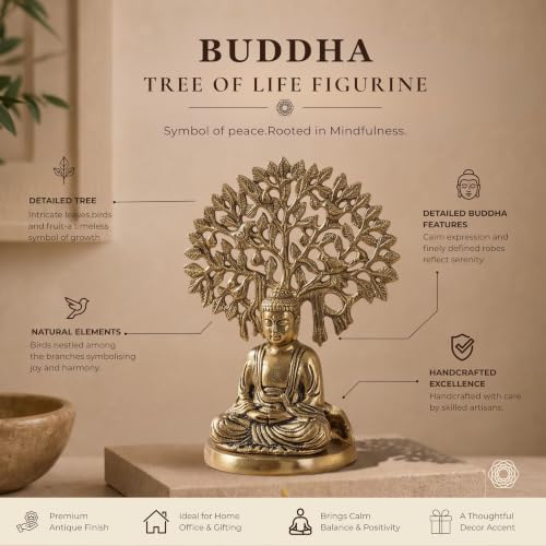 Image of BEHOMA Golden Buddha Statue Under Bodhi Tree | Metal Idol for Home Decor