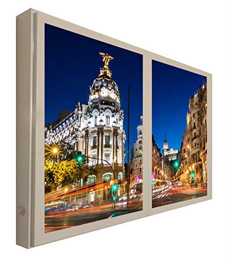 Ccretroiluminados Madrid Gran Via Ventanas Falsas Cuadros Decorativos Iluminada, Madera, Multicolor, 80x60x6.5 cm