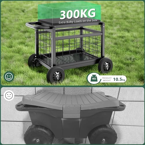 Image of Garden Cart with Seat,3-in-1 Rolling Seat with Wheels for Gardening Seniors | Upgraded Heavy Duty Gardenning Cart with Seat, Supports up to 500 LBS for Seniors, Lawn, Patio & Backyard Gardening, Black