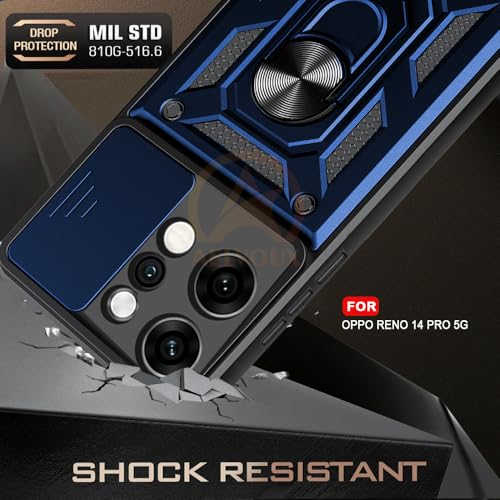 Image of Armor Bumper Back Cover Case for Oppo Reno 14 Pro 5G | Rotating Camera Cover, Ring Holder & Kickstand | Heavy Duty & 360 Degree Protection Oppo Reno 14 Pro 5G Back Cover (Blue)