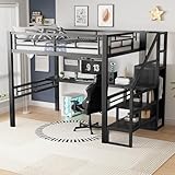 PVWIIK Staircase Queen Size Loft Bed with Desk and Wardrobe,High Loft Bed Frame for Kids Youths Adults Dorm Bedroom, No Box Spring Needed,Black
