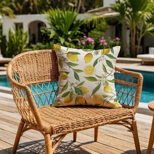 Jayusaror Outdoor Kissenbezug 40x40 Wetterfest Kissen Gelb Zitronen Sofakissen Blumen Kissenhülle Frühling Sommer Wasserdicht Kissenbezüge für Sofa Garten Balkon Terrassen Lounge Deko 2er Set