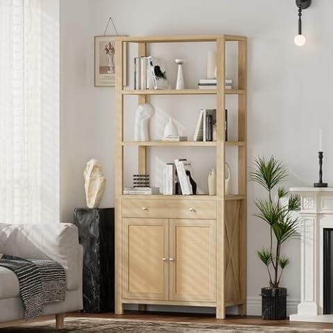 MECHYIN Tall Bookcases with Doors Rattan Boho Style 5 Tier Bookshelf, 13.8in Depth, 70in Tall Display Storage Shelves for Living Room, Bedroom, Kitchen, and Library (1 Piece) Cover