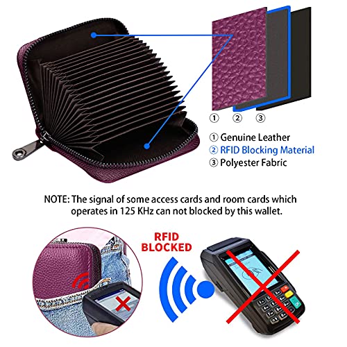 Image of LINNO RFID 20 Card Slots Credit Card Holder Genuine Leather Small Card Case for Women or Men Accordion Wallet with Zipper, Purple,