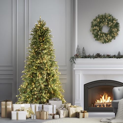 National Tree Company 6.5 ft Pre-Lit Tiffany Fir Slim Artificial Christmas Tree, 500 Clear Lights, 1,462 Tips, Includes Stand, Green