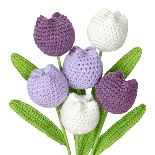 DEMIUKO 6PCS Handmade Crochet Flowers Purple Artificial Tulips Knitted Soft Cotton Flowers White Bouquet Spring Crochet Gifts for Valentines Day Mother Women Teacher Birthday Easter Party Home Decor