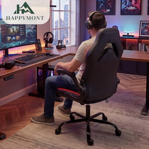 Image of Ergonomic Computer Gaming Chair with Flip-up Armrest, Height Adjustable PU Leather Home Office Desk Chair with Lumbar Support Swivel Wheels and for Adults and Kids, Scarlet Red