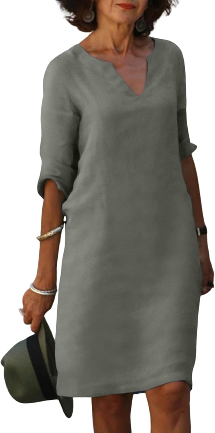 Cotton Linen Dress Women V Neck 3/4 Sleeve Boho Tunic Knee Length Dress Casual Spring Shift Modest Church Dresses