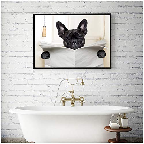 Chien Lecture Journal Papier Toilette Mur Art Toile Affiche Imprime Drôle Chien Peinture Mur Photo Photo Salle De Bains Décor Amant Cadeau -60x80 cm No Frame Cover