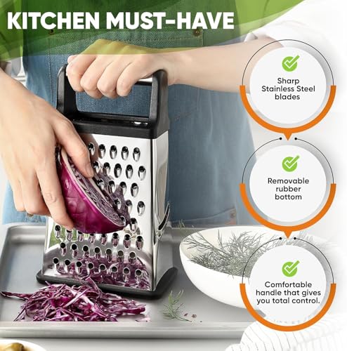 Image of XL 4-Sided Cheese Grater with Container, 100% BPA-Free Stainless Steel Box Graters, Parmesan Shredder, Grate Cheeses,kaddukash for Kitchen, Slip Resistant Handle, Kitchen Tools Black