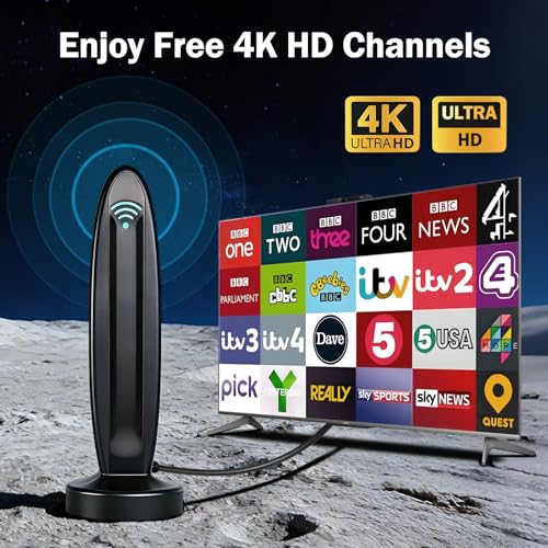 DVB-T2 Antenne mit Verstärker für Innen - Zimmerantenne für Fernseher, DVB-T/T2, TV Antenne 4K UHD Full HD, 360° Empfang bis 500 km, kostenlose Sender
