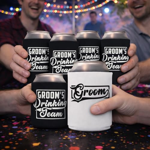 Groom and Groomsmen Can Coolers – Groom’s Drinking Team Beer Can Coolers for Bachelor Party and Wedding Gifts (12, Wht Groom, Blk DT) by Veracco - Used condition - Image 8