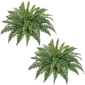 Ferns Artificial Plants Set of 2 Large Faux Ferns for Outdoor Planter 23.6″ Dia. Realistic Potted | Hanging Boston Fern | Fake Shrubs for Home Garden Porch Farmhouse Decor