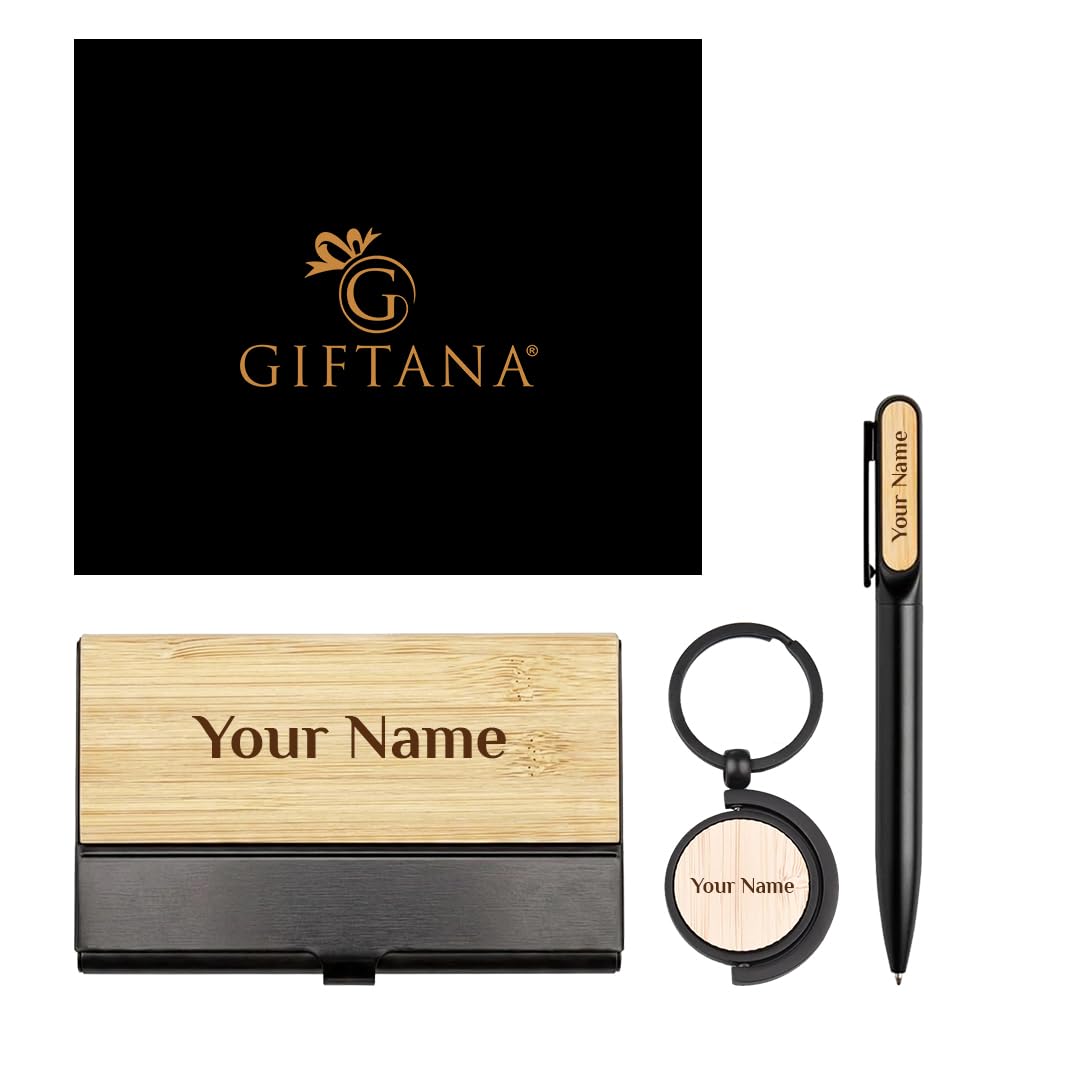 giftana Personalized Dual Side Keychain with Pen and Bamboo Visiting Card Holder Gift Set for Men & Women, Personalised Gifts for Husband, 3 in 1 Corporate Gifts for Employees, Clients,-picture-36