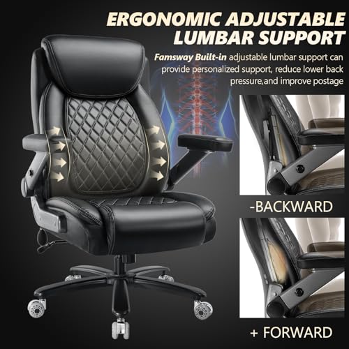 650LBS Big and Tall Office Chair with 5D Flip Arms and Thick Pocket Spring Cushion, Extra Wide Heavy Duty Office Chair with Adjustable Lumbar Support, Large High Back Computer Chair Dual Rubber Wheel
