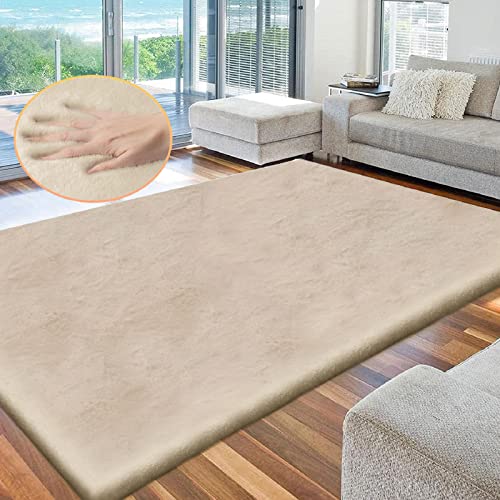 Washable Area Rug 6x9 Rugs for Living Room Camel Plush Faux Bunny Fluffy Fur Rugs for Bedroom Large Shag Nursery Rugs