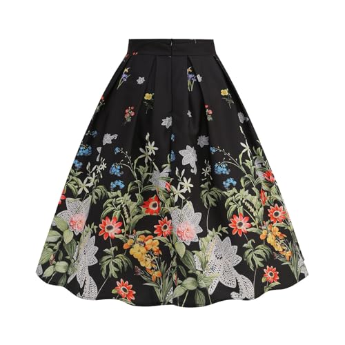 Black Pleated Skirts for Women 1950S Vintage Skirts Midi 50S Style Swing Midi Floral Ladies A Line High Waisted Long Summer for Tea Party Cocktail Skirt - Image 4
