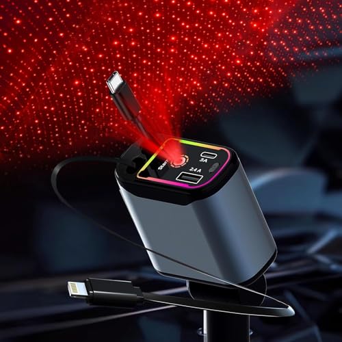 Ambhay™ 120w Retractable Car Charger with Starry LED Light | 4-in-1 + 2 USB for for Android Phones & iPhone 17/16/15/14/13/12/11 Pro Max,Xr,Ipad,Dash Cam & Other Devices