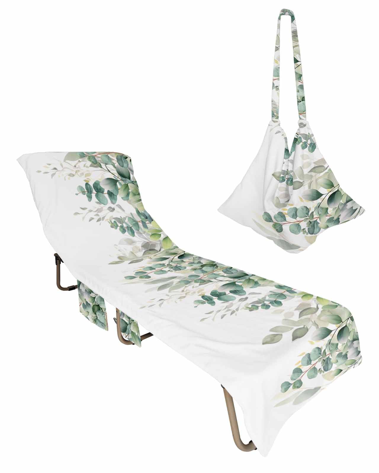 Teal Botanical Beach Lounge Chair Towel Cover, Soft Chaise Lounge Towel with Side Pockets Patio Pool Chairs Cover for Beach/Pool Sunbathing 29x85 Sage Green Eucalyptus Leaves Watercolor
