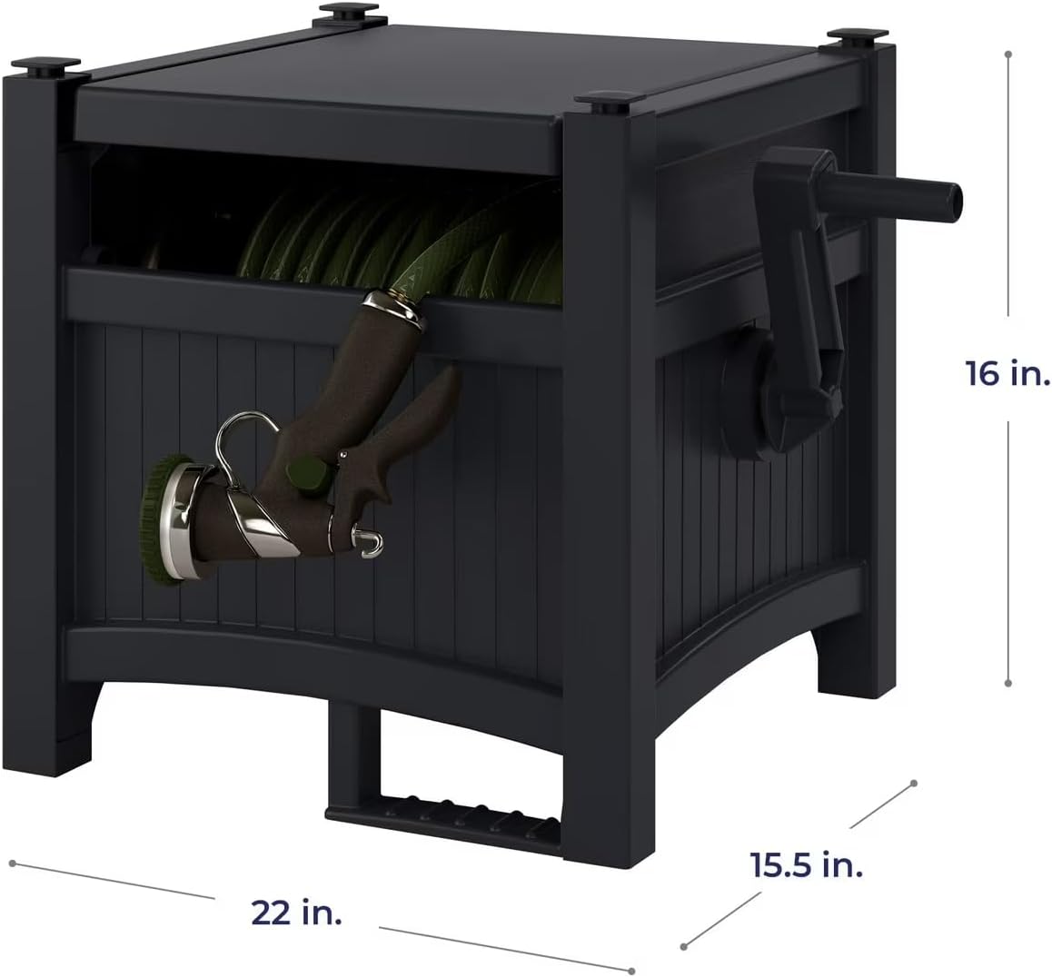 100FT Durable Resin Hose Reel & Hideaway Garden Hose Holder – Wall Mount or Stand, Storage for Garden Hose, Retractable Garden Hose, Keeps Yard Neat