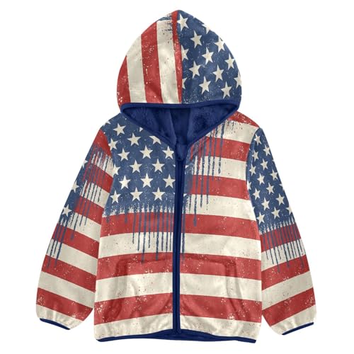 American Flag Dripping Colors Toddler Fleece Jacket Girl Boys Hooded Fleece Jacket Coat Warm Outwear Zip-up 3-10T