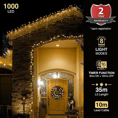 ANSIO® Outdoor Christmas Lights 1000 LED 35m/112ft Icicle Lights Outdoor & Indoor Warm White Decorations String Fairy Outside Lights with Timer for Xmas Garden & Party | Mains Powered Green Cable