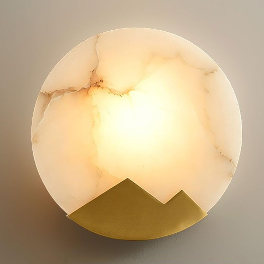 SSBHDM Nordic Industrial Style Wall Light, 7.8 Inch Round Alabaster Wall Lamp, E14 Light Source Natural Marble Wall Sconce, Restaurant Living Room Bedroom Wall Mounted Light Fixtures