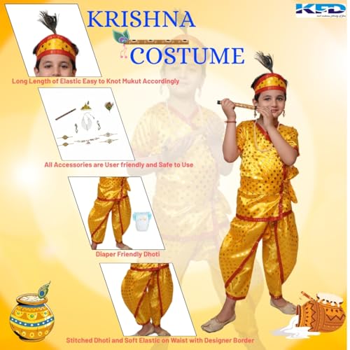 Image of Kaku Fancy Dresses Krishna Costume for Kids, Baby Krishna Dress for Janmashtami, Bal Krishna Dhoti Set, Krishnaleela Costume, Infant Bal Gopal, Krishna Fancy Dress Costume for Boys /Girls