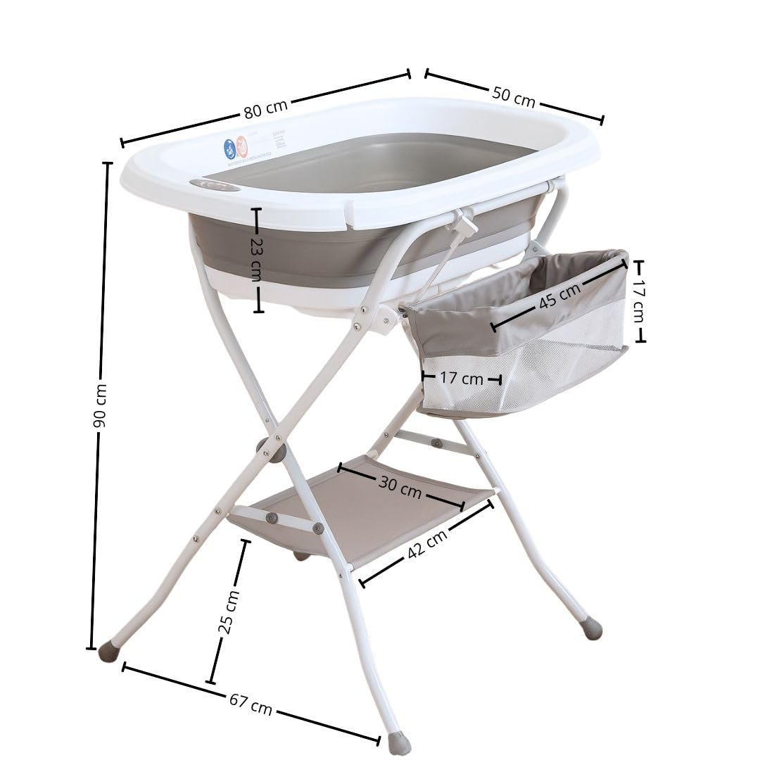 Bañera Plegable de Bebé con Soporte Patas Antideslizantes | Portátil | Tubo Desagüe | Cesta para Juguetes y Organizador para Champú | Ligera, Compacta y Segura para Baño (Gris Cojín Regadera)
