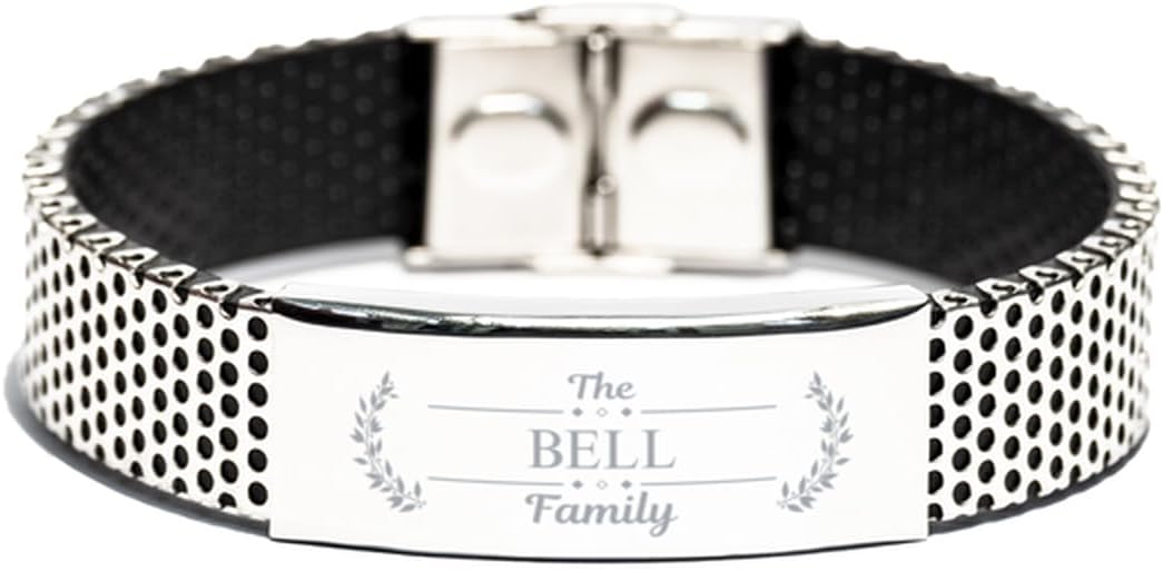 Bell Family Name Sign Stainless Steel Bracelet - Custom ID Plate Last Name Bracelet Birthday Christmas Gifts Idea For Friends Men Women, Engraved Adjustable