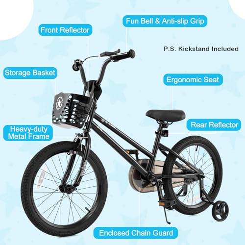 Image of BABY JOY Starry Kids Bike, 12 14 16 18 Inch Bicycle with Training Wheels, Storage Basket, Adjustable Handlebar & Seat, Handbrake & Coaster Brake, Girls Boys Bike