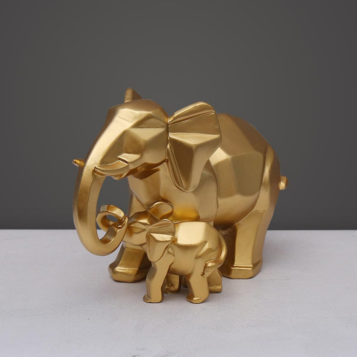 MAGICLULU Decoración de Resina Figura de Elefante Dorada y Diseño Geométrico, Escultura Madre E Hijo para Escritorio, Hogar, Oficina y Jardín, Obsequio para Familiares y Amigos